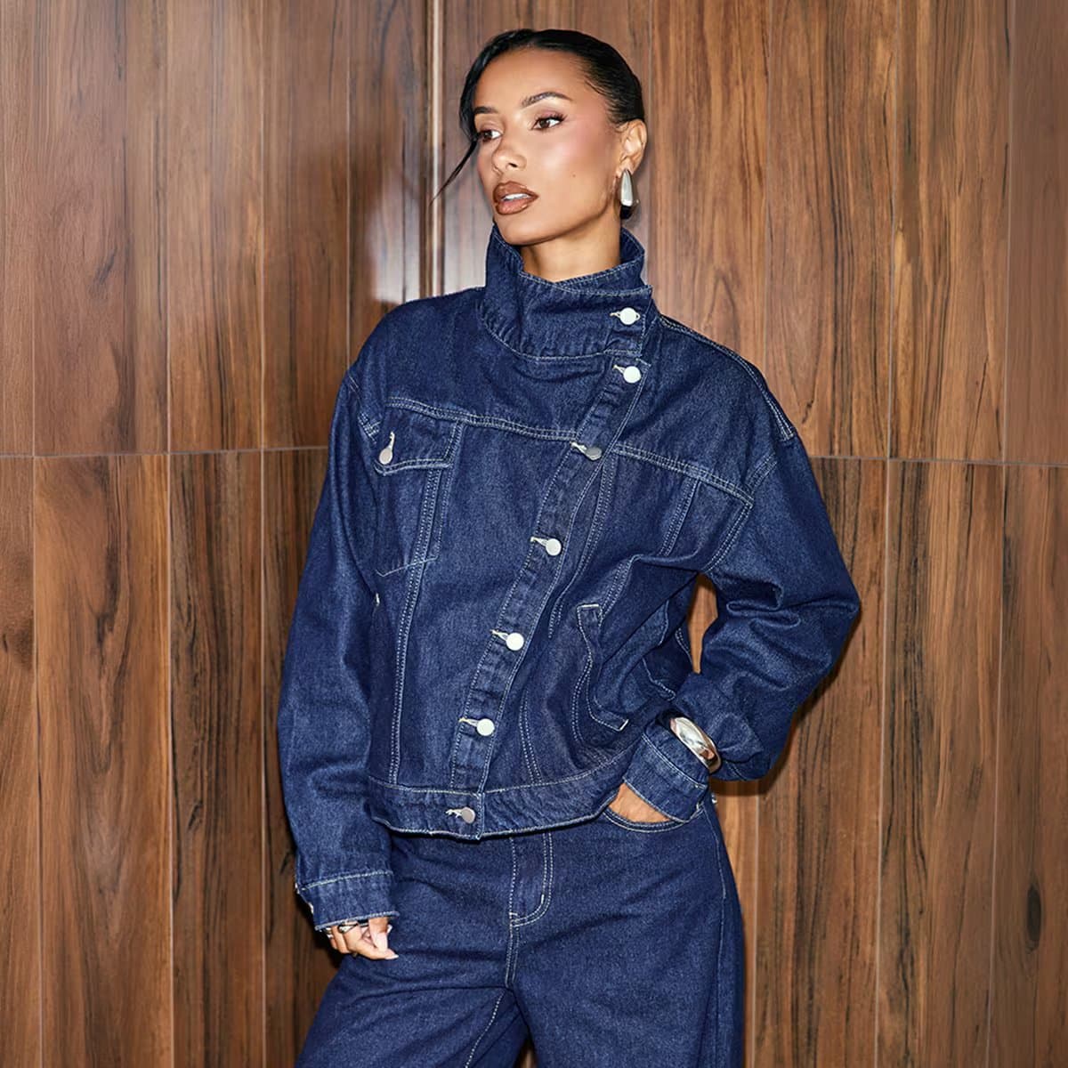 EGO Funnel Neck Asymmetric Button Front In Indigo Blue Denim, Women's Size UK 6
