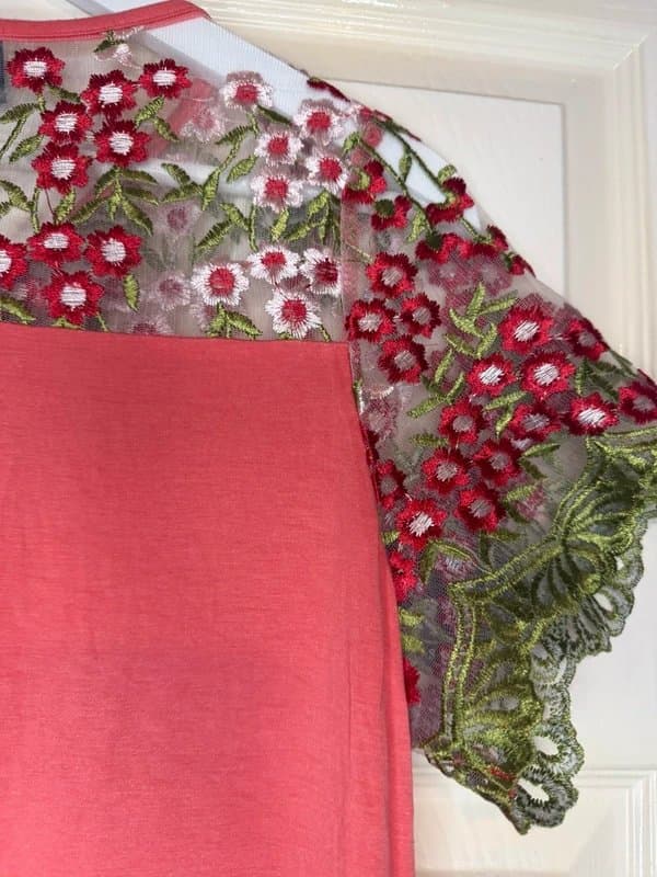 Be You Coral Embroidered Mesh Top | Floral Lace Detail | Size XL | New With Tags