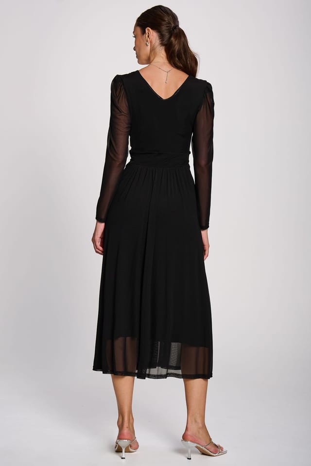 Jolie Moi Jolie Moi Women's Mesh Long Sleeve Pleated Maxi Dress in Black - 2