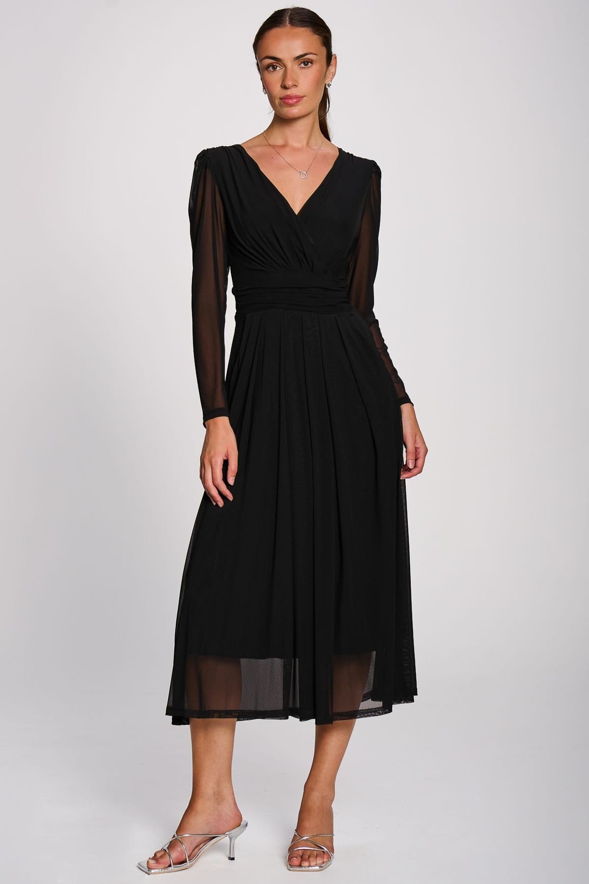 Jolie Moi Jolie Moi Women's Mesh Long Sleeve Pleated Maxi Dress in Black - 4