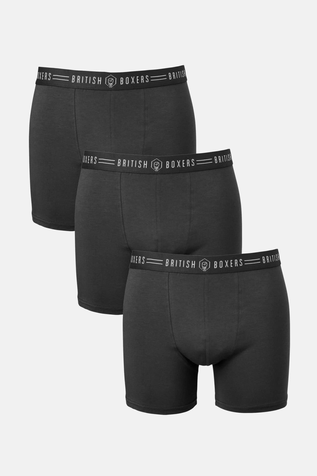 British Boxers Men's Pack of Three 'Coal Black' Stretch Trunks