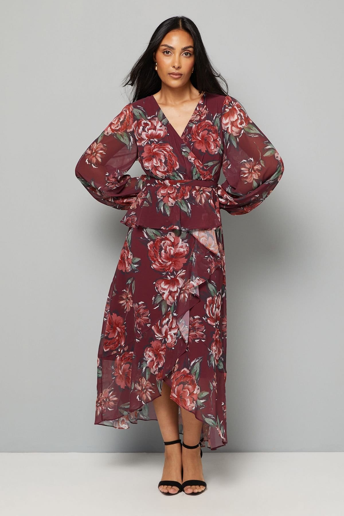 Wallis Women's Petite Floral Ruffle Peplum Midi Dress in Wine
