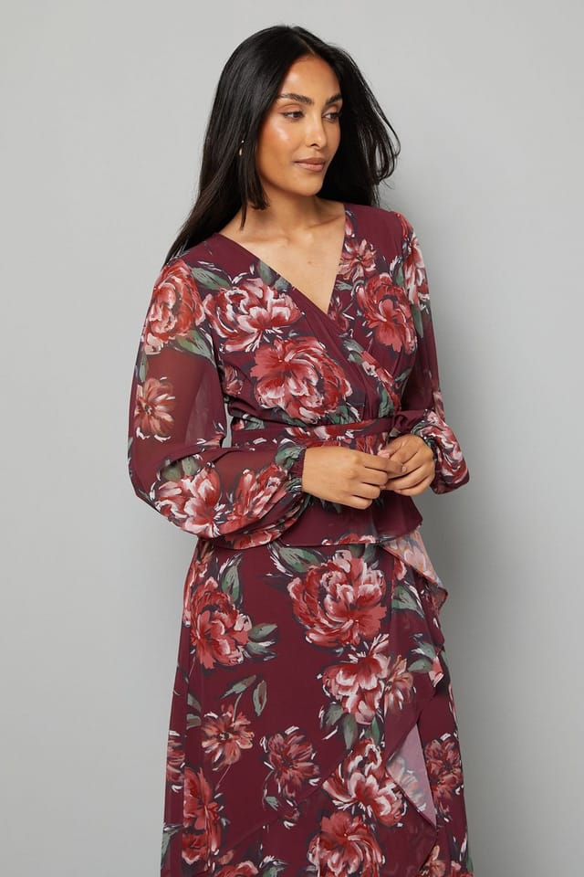 Wallis Wallis Women's Petite Floral Ruffle Peplum Midi Dress in Wine - 2