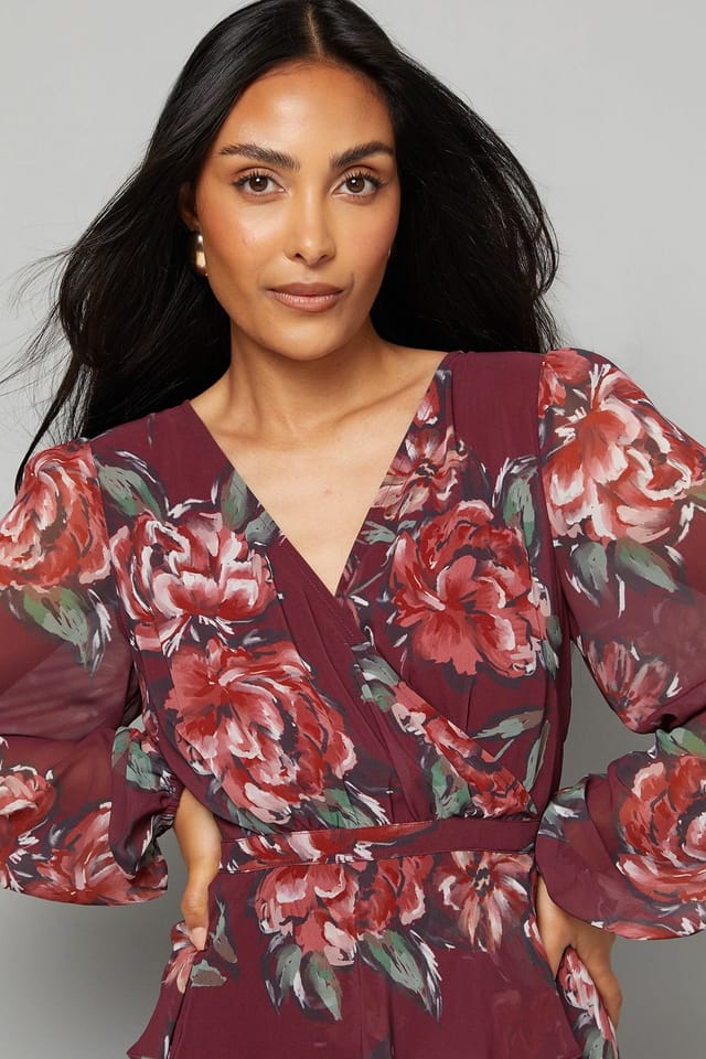 Wallis Wallis Women's Petite Floral Ruffle Peplum Midi Dress in Wine - 3