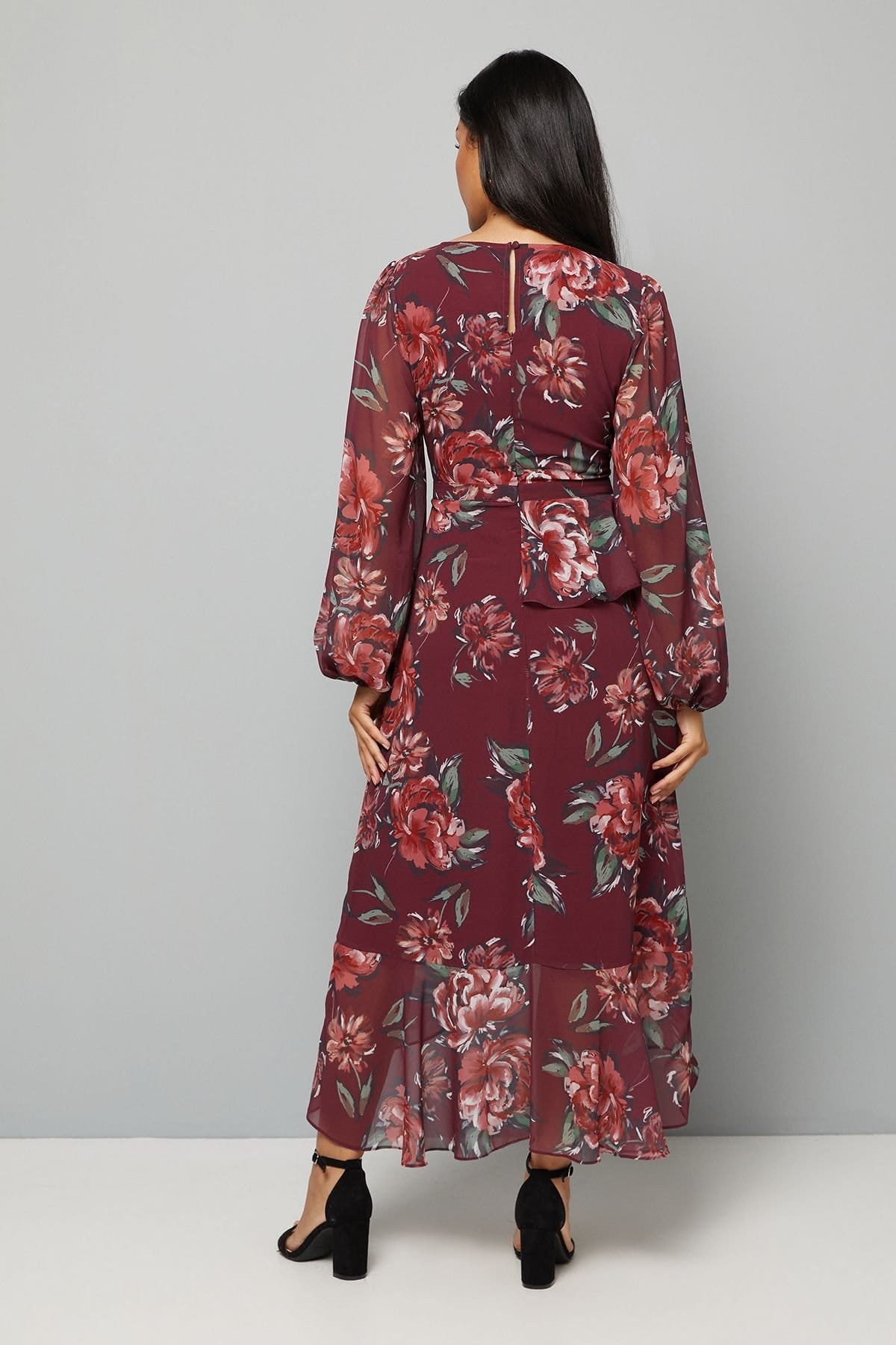 Wallis Wallis Women's Petite Floral Ruffle Peplum Midi Dress in Wine - 4
