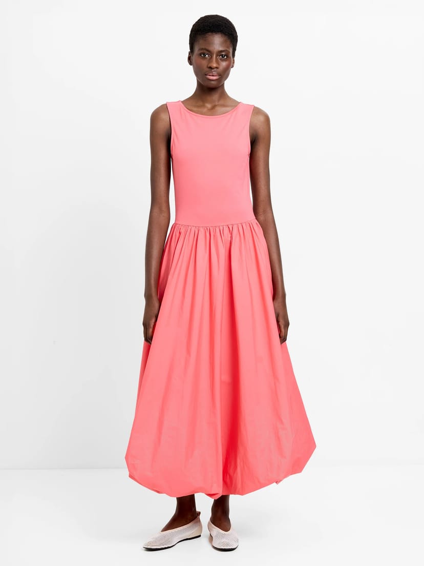 French Connection Phoebe Jersey Woven Mix Bubble Hem Midi Dress Raspberry Pink - 1