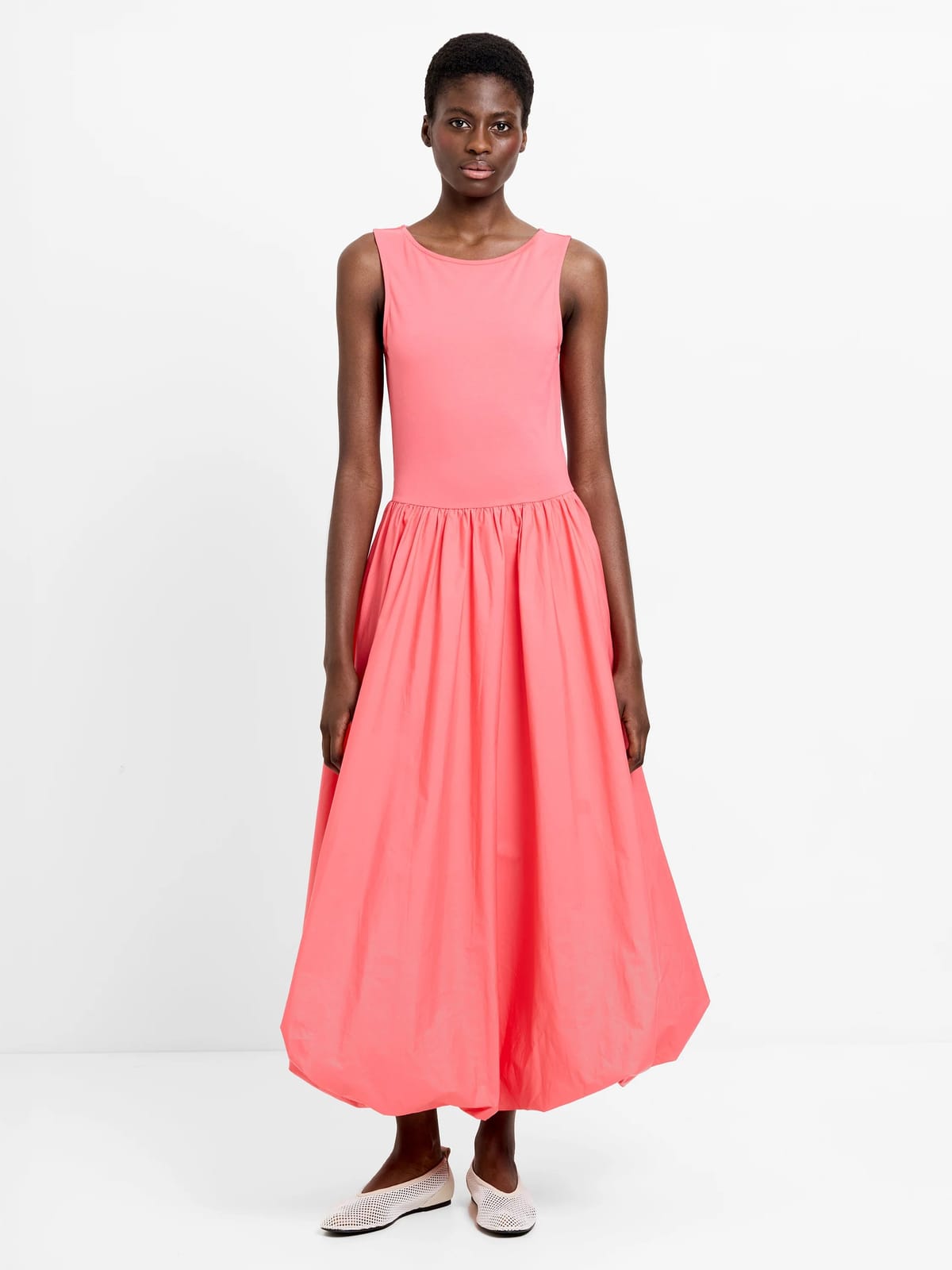 French Connection Phoebe Jersey Woven Mix Bubble Hem Midi Dress Raspberry Pink - 1