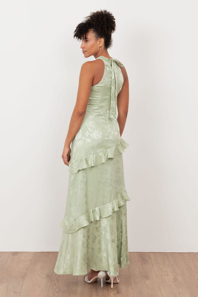 Maya Deluxe Maya Deluxe Women's Floral Jacquard Satin Halter Neck Maxi Dress in Light Green - 2