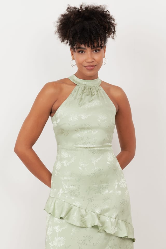 Maya Deluxe Maya Deluxe Women's Floral Jacquard Satin Halter Neck Maxi Dress in Light Green - 3