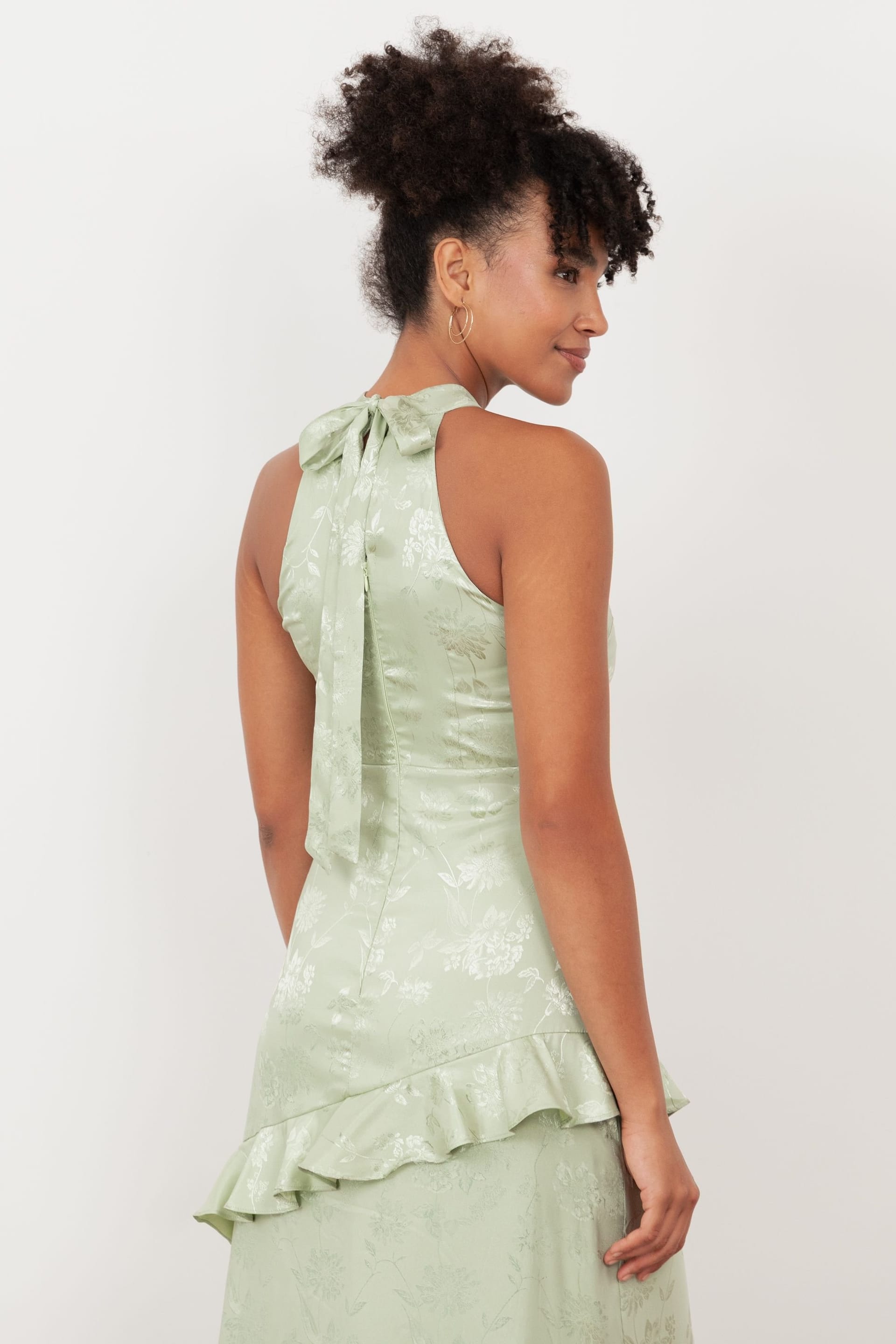 Maya Deluxe Maya Deluxe Women's Floral Jacquard Satin Halter Neck Maxi Dress in Light Green - 4