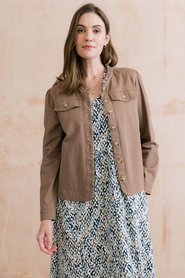 Lily & Me Lily & Me Women's Seren Stylish Stretch Cotton Twill Jacket with Scalloped Collar in Brown - 3