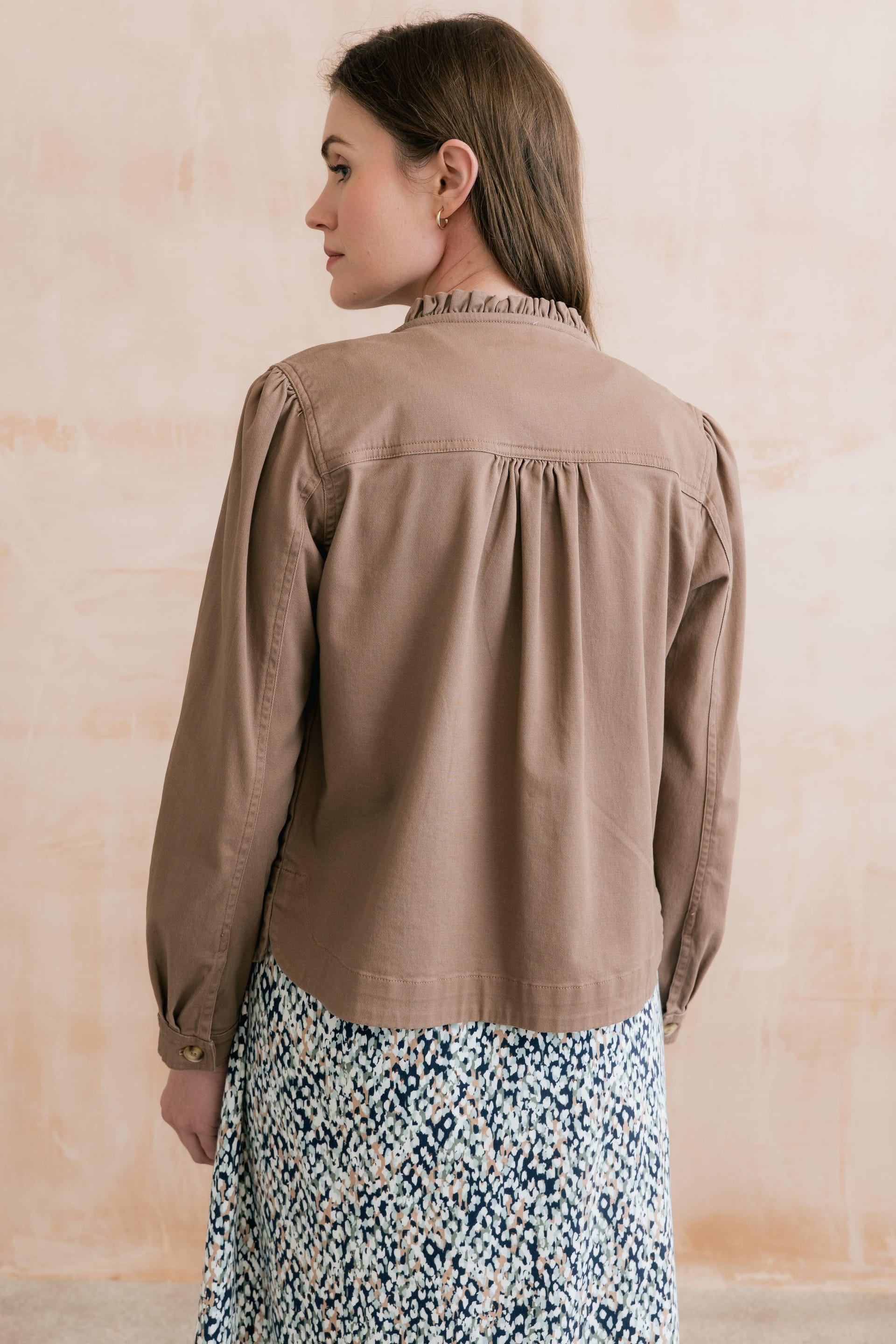 Lily & Me Lily & Me Women's Seren Stylish Stretch Cotton Twill Jacket with Scalloped Collar in Brown - 4
