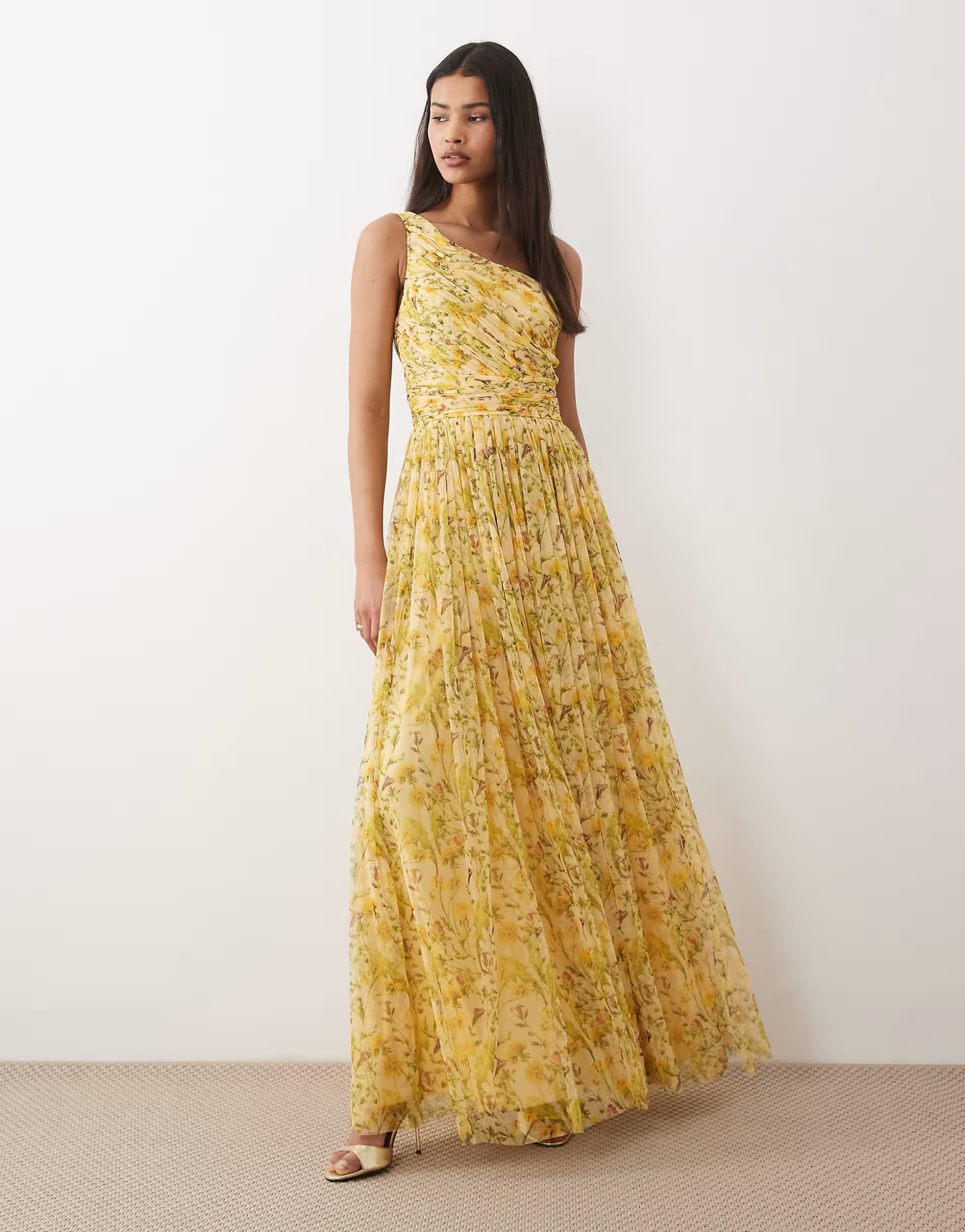 ASOS Lace & Beads tulle one shoulder maxi dress in yellow floral
