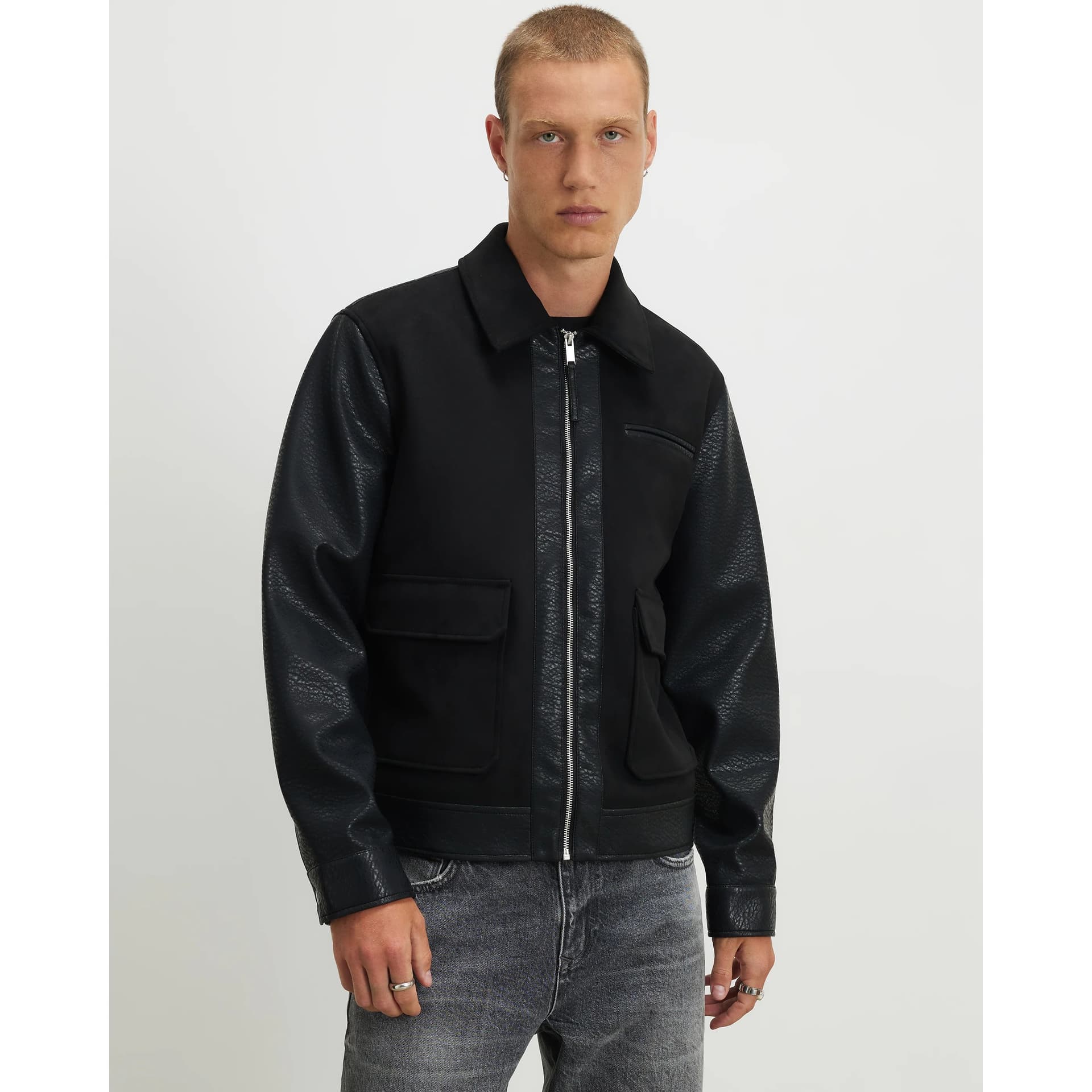 River Island Mens River Island Black Faux Leather Blocked Harrington Jacket