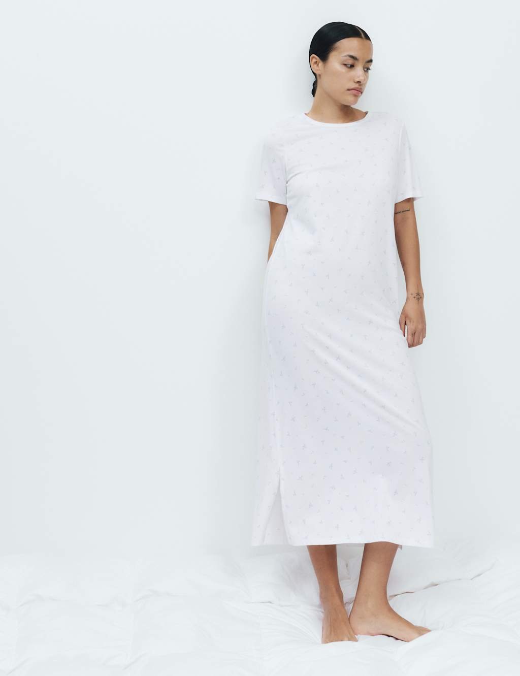Marks & Spencer M&S Cotton Modal Printed Long Nightdress White Mix - 3