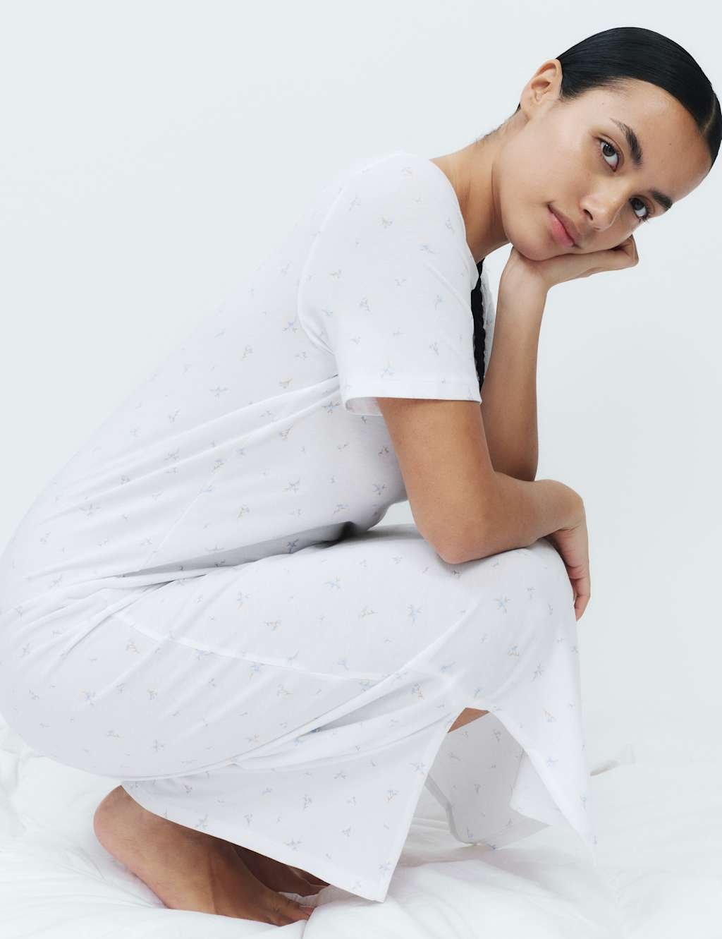 Marks & Spencer M&S Cotton Modal Printed Long Nightdress White Mix - 4