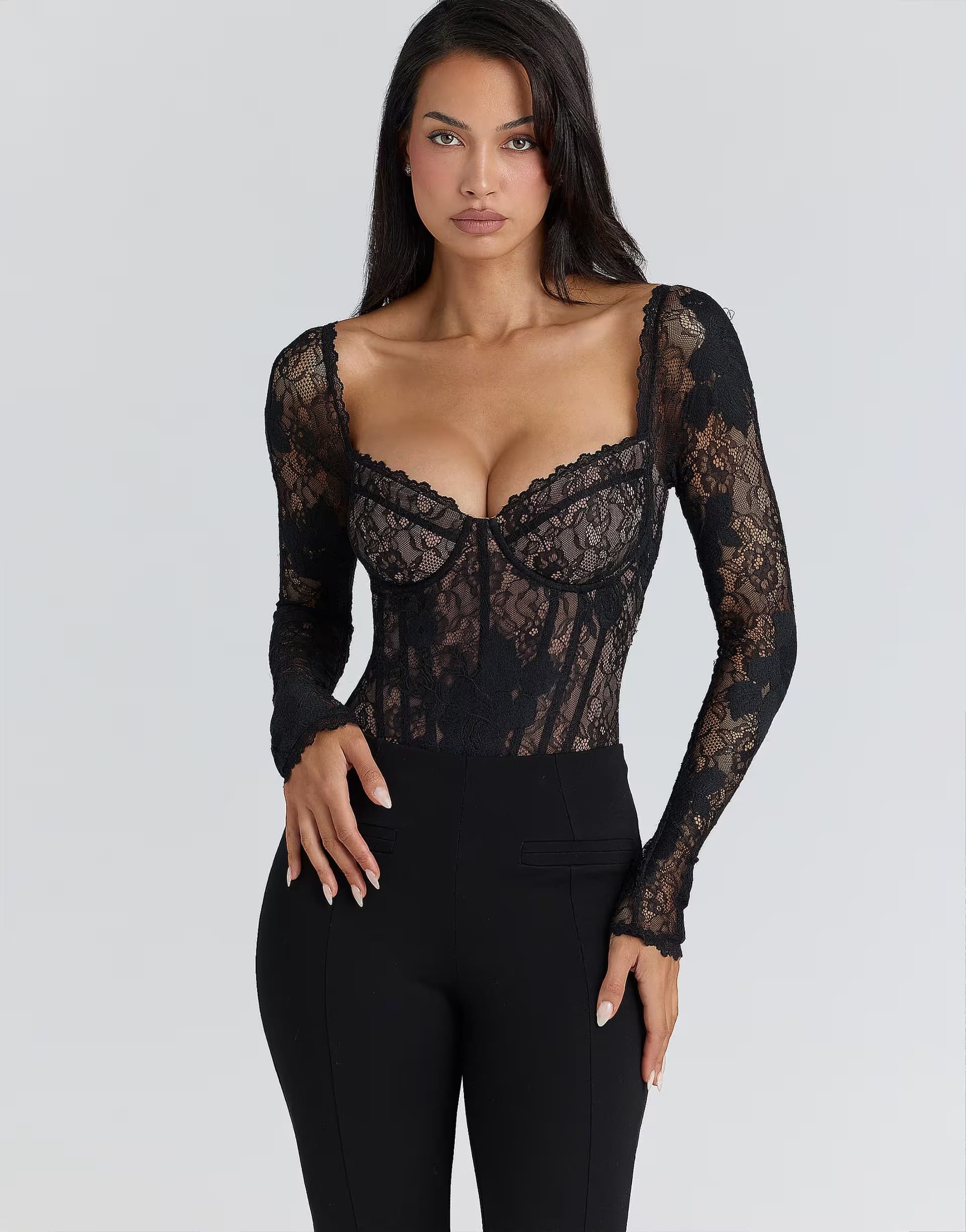 ASOS House of CB Aneira black lace long sleeve bodysuit in black