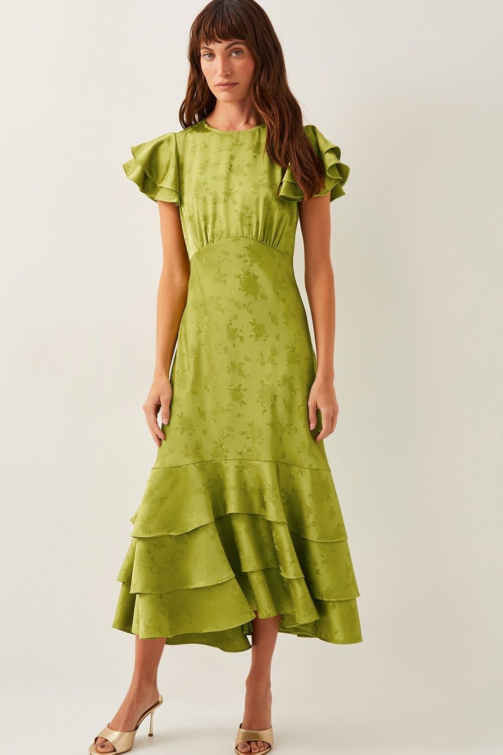 Monsoon Monsoon Women's Ester Satin Ruffle Midi Dress Red in Green