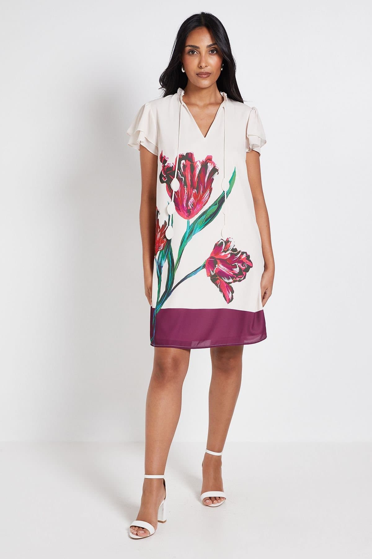 Wallis Wallis Women's Petite Floral Stripe Ruffle Neck Shift Dress in Ivory