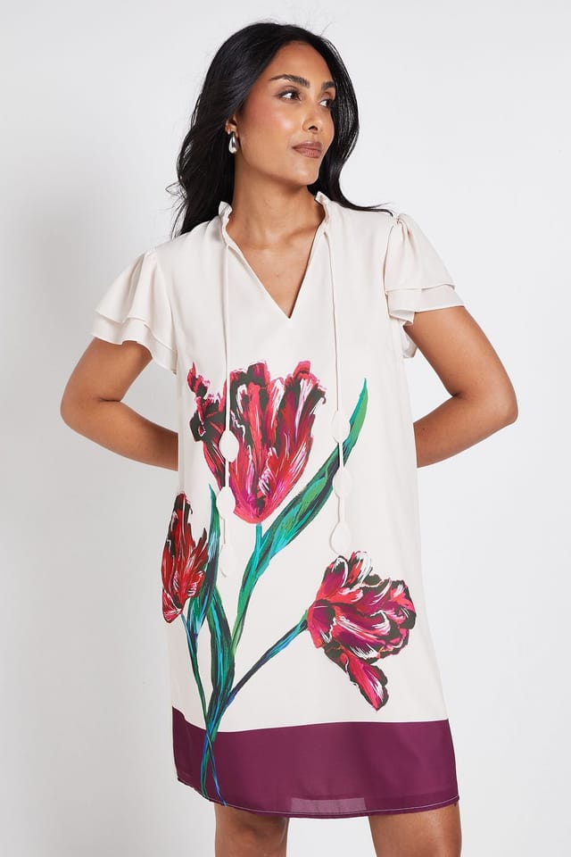 Wallis Wallis Women's Petite Floral Stripe Ruffle Neck Shift Dress in Ivory - 2