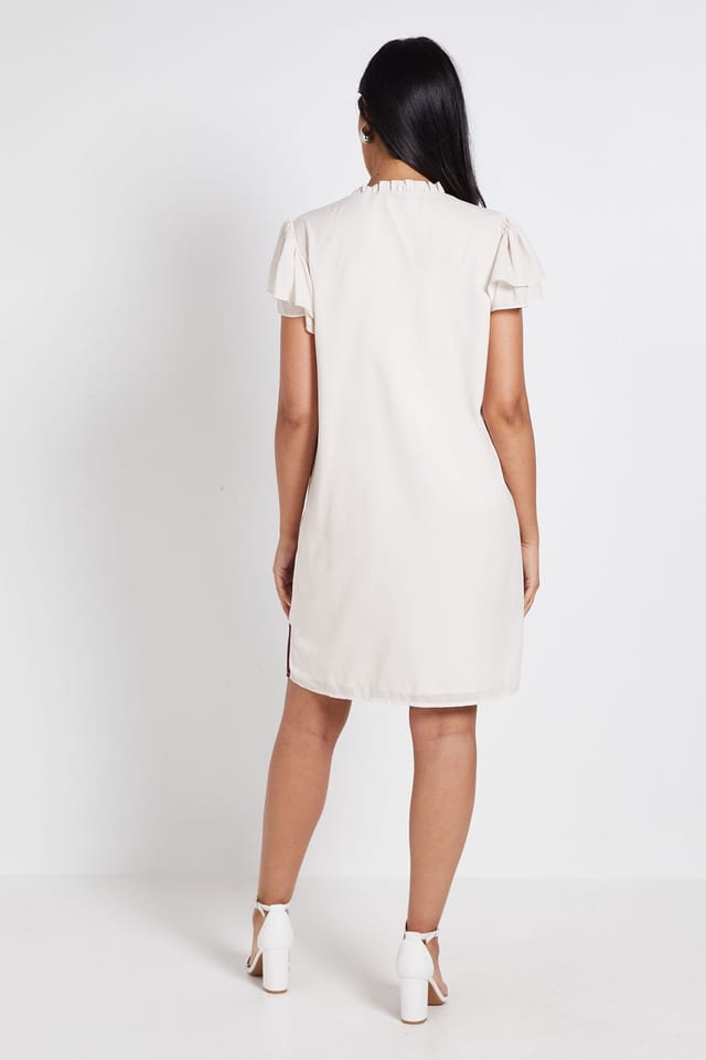 Wallis Wallis Women's Petite Floral Stripe Ruffle Neck Shift Dress in Ivory - 3