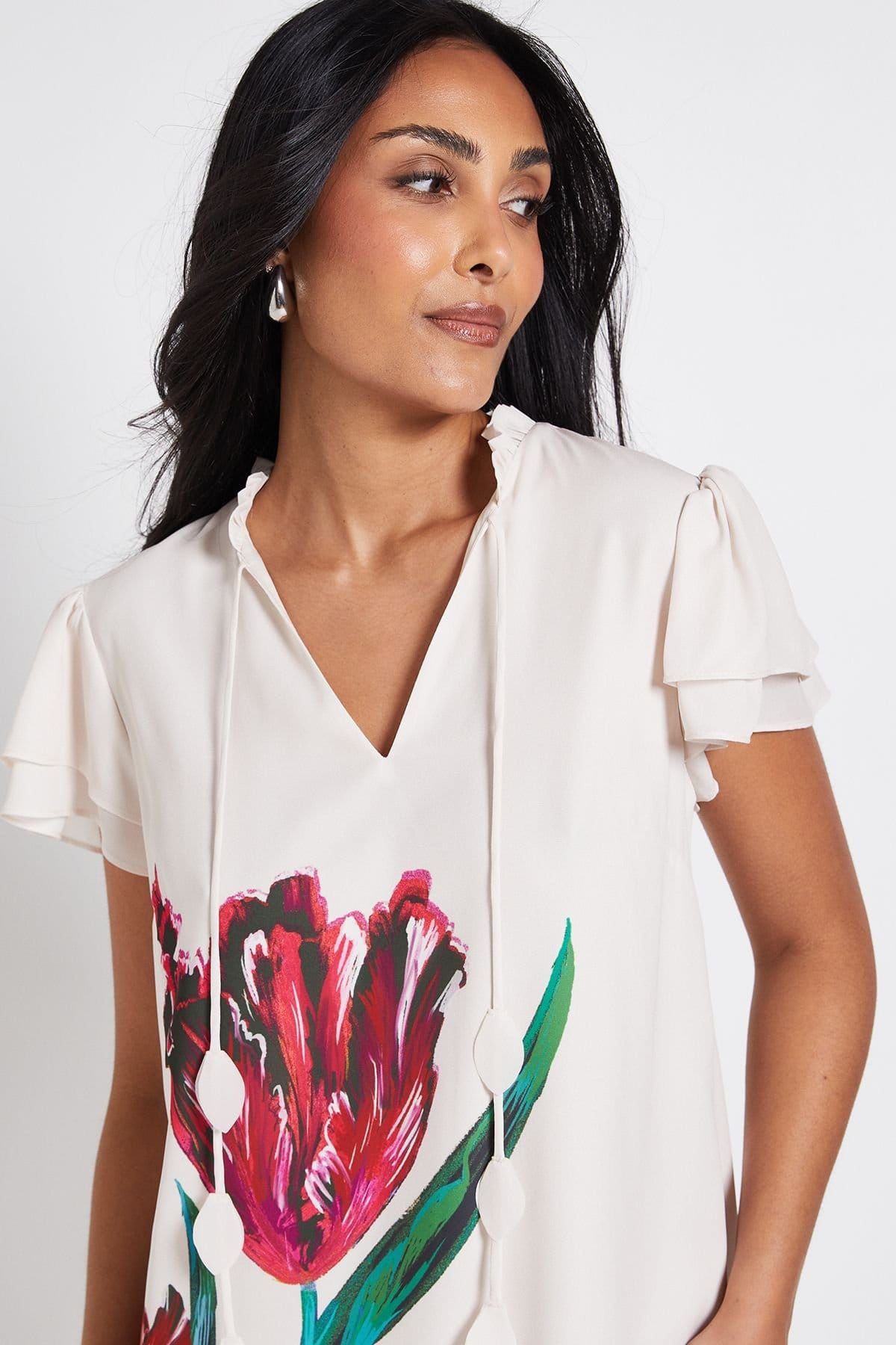 Wallis Wallis Women's Petite Floral Stripe Ruffle Neck Shift Dress in Ivory - 4