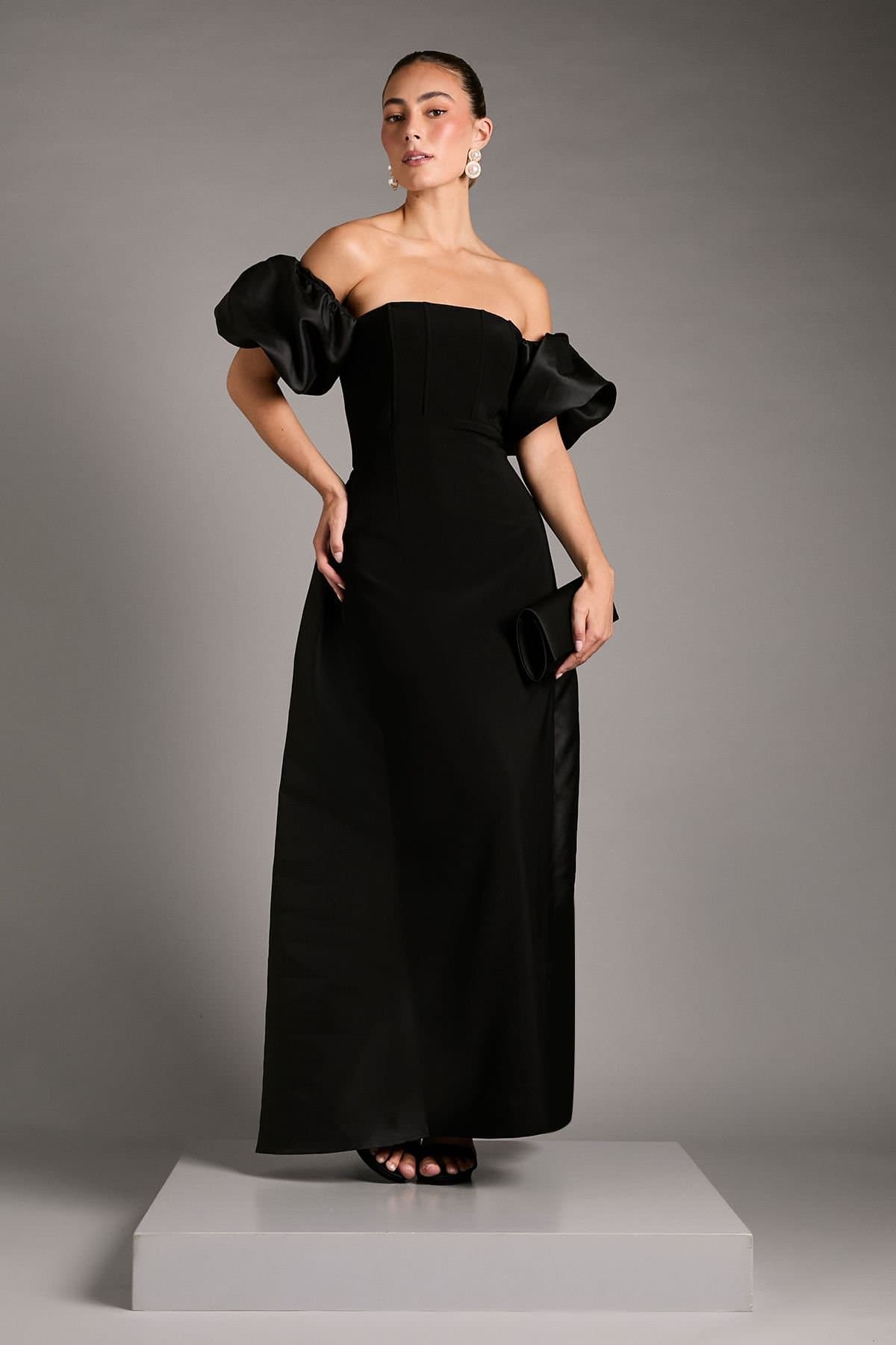 Coast Coast Women's Bardot Puff Sleeve Strapless Maxi Dress with Full Skirt Back Detail in Black