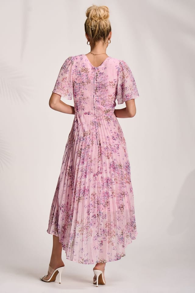 Jolie Moi Jolie Moi Women's Printed Chiffon Pleated Maxi Dress in Pink - 2