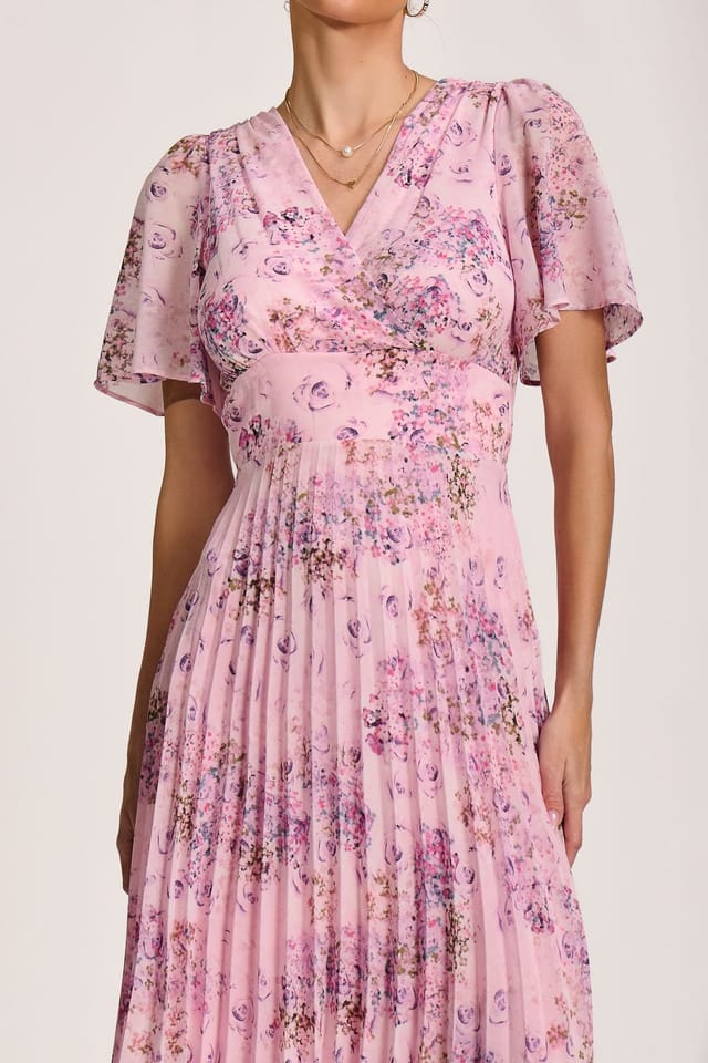 Jolie Moi Jolie Moi Women's Printed Chiffon Pleated Maxi Dress in Pink - 3