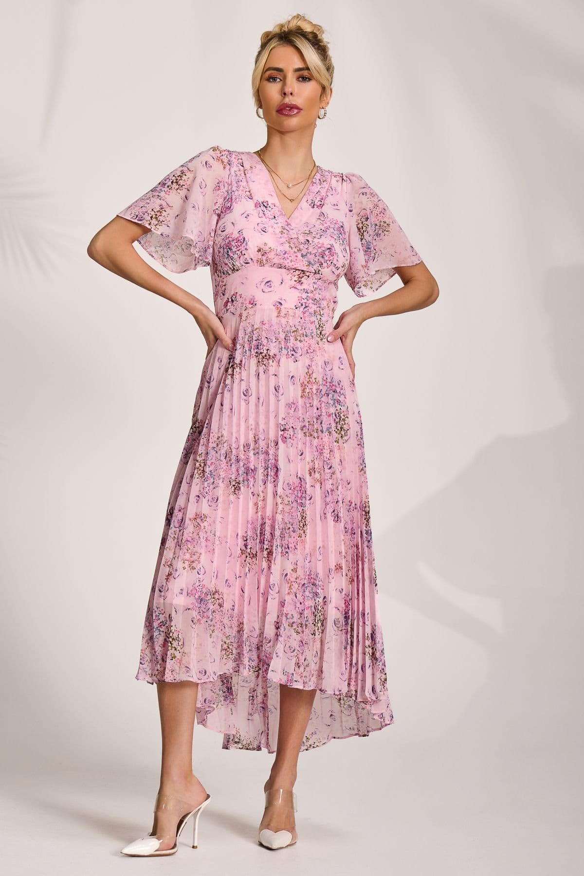 Jolie Moi Jolie Moi Women's Printed Chiffon Pleated Maxi Dress in Pink - 4