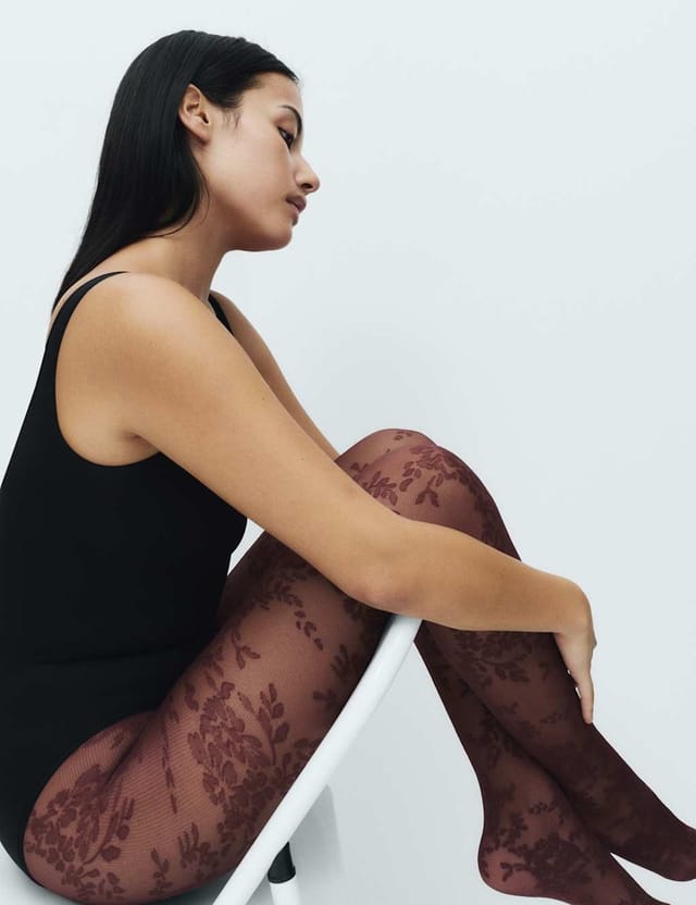 Marks & Spencer M&S Floral Lace Sheer Tights Wine - 2