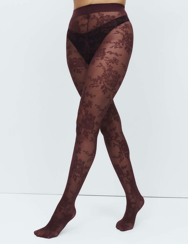 Marks & Spencer M&S Floral Lace Sheer Tights Wine - 3