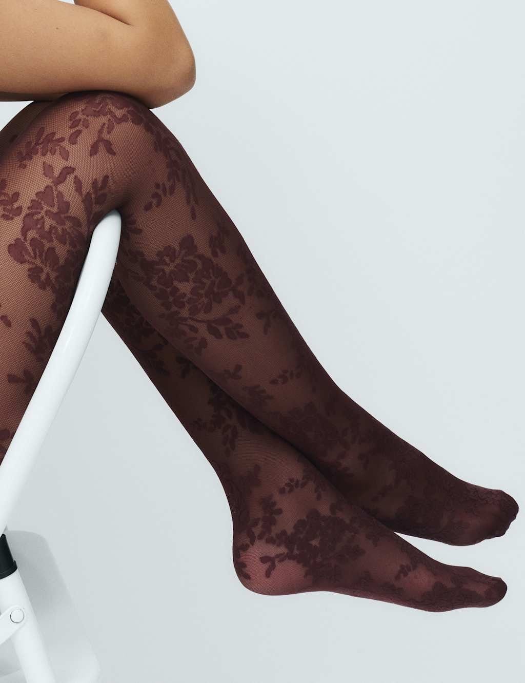 Marks & Spencer M&S Floral Lace Sheer Tights Wine - 4