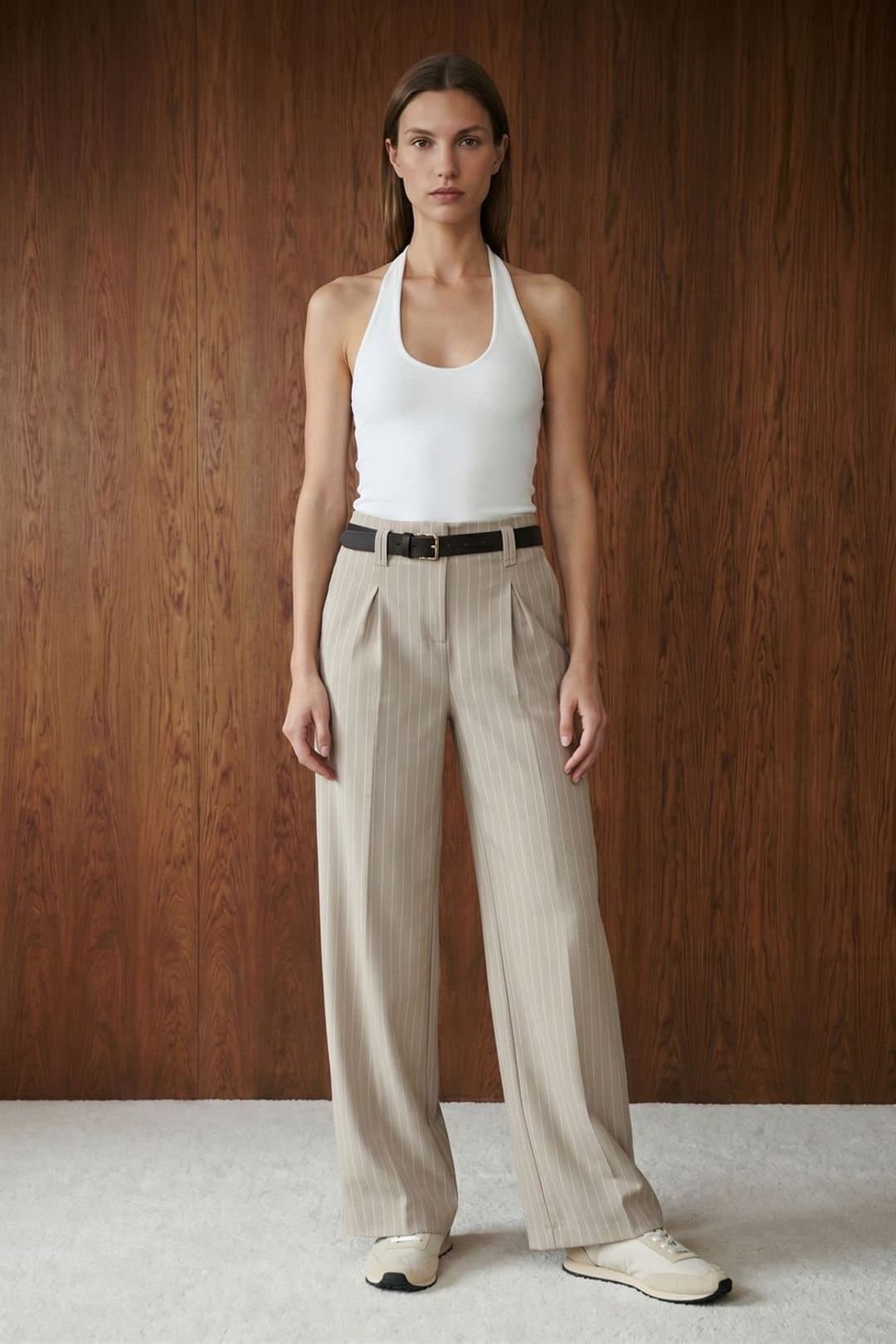 Dilvin Dilvin Women's Striped Wide-Leg Pleated Trousers in Beige