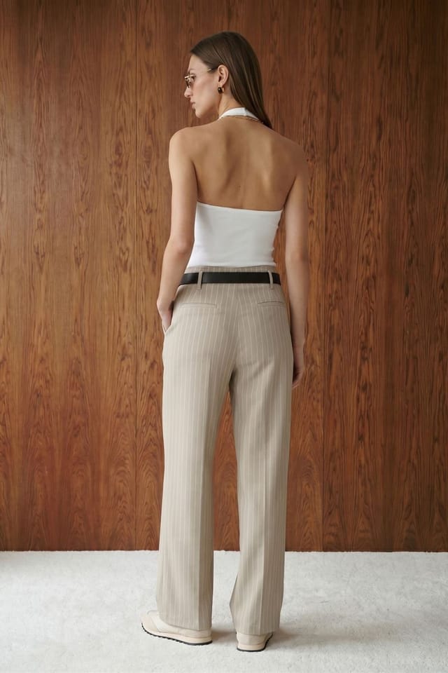 Dilvin Dilvin Women's Striped Wide-Leg Pleated Trousers in Beige - 2