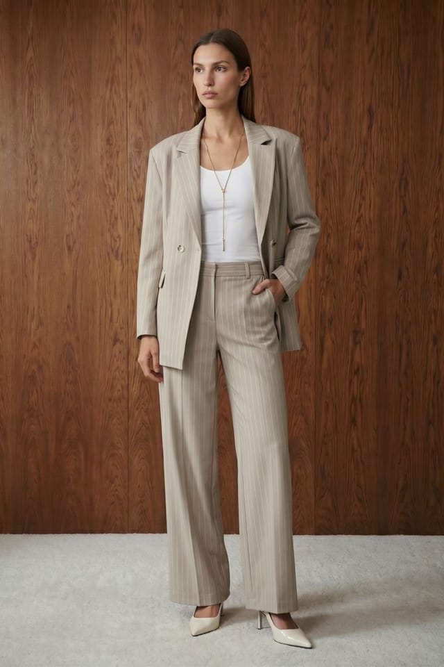 Dilvin Dilvin Women's Striped Wide-Leg Pleated Trousers in Beige - 3