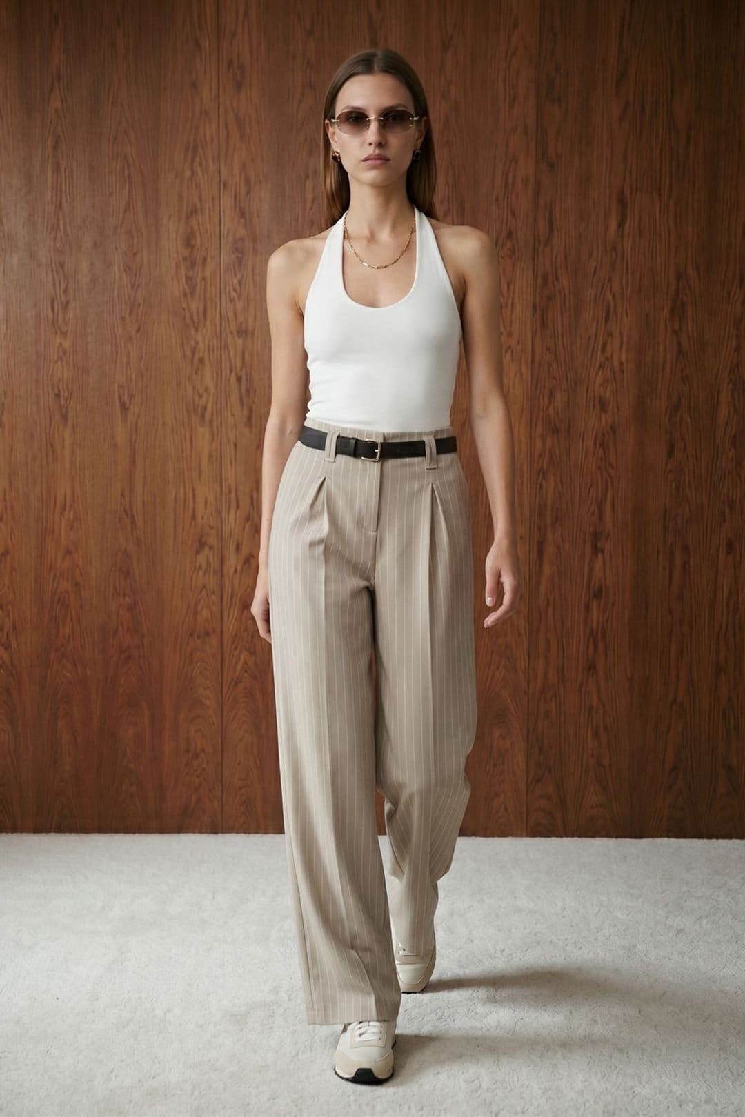 Dilvin Dilvin Women's Striped Wide-Leg Pleated Trousers in Beige - 4