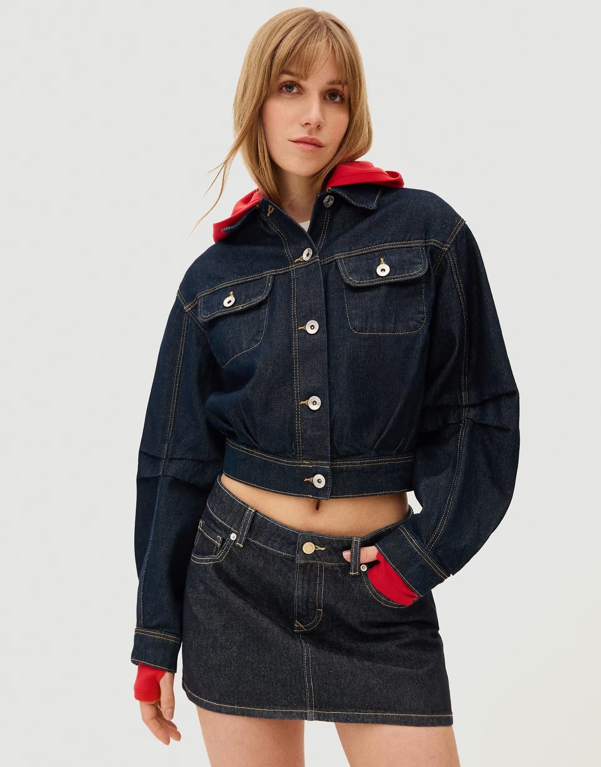 ASOS Bershka Cropped balloon denim jacket in blue - 1