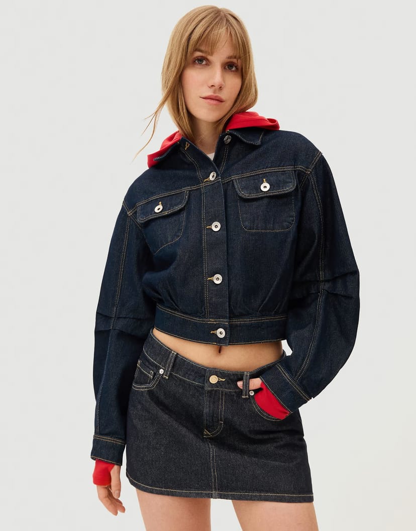 ASOS Bershka Cropped balloon denim jacket in blue - 1