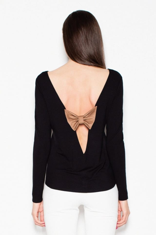 Love Lace Love Lace Women's Long Sleeve Back Cutout Blouse with Suede Bow in Black - 2