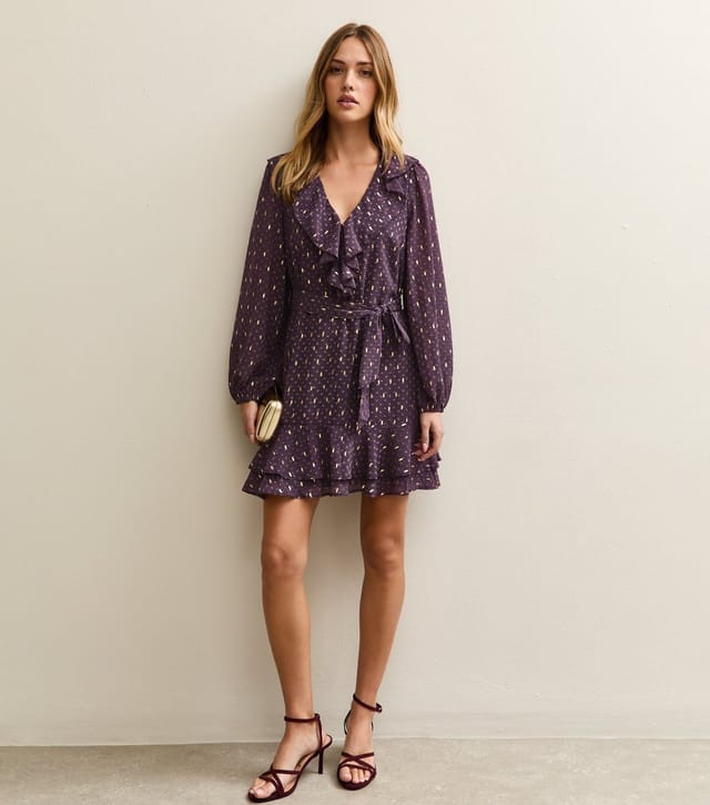 New Look Women's Dark Purple Spot Chiffon Ruffle Mini Dress New Look - 3