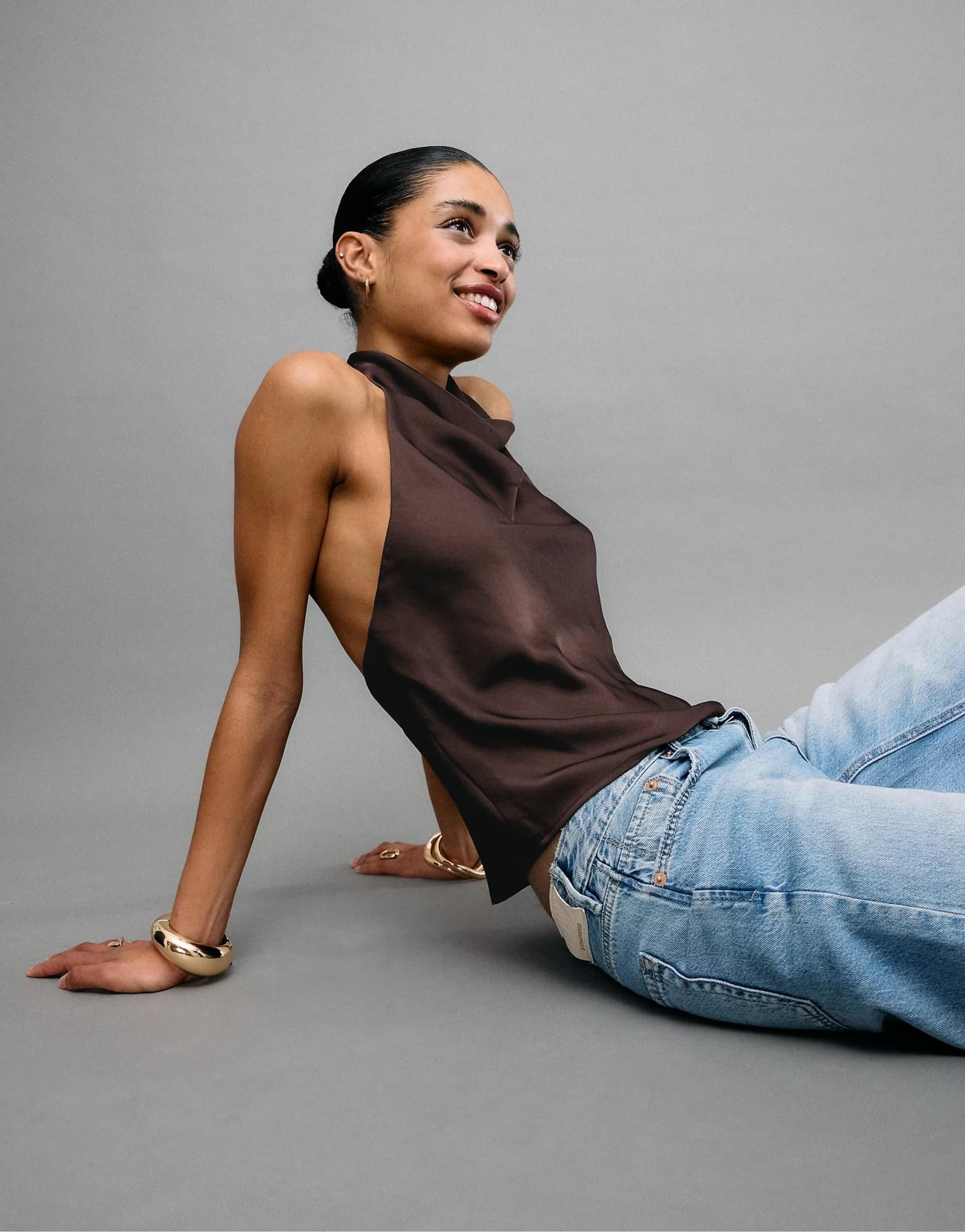 ASOS Stradivarius Satin effect halter top in brown