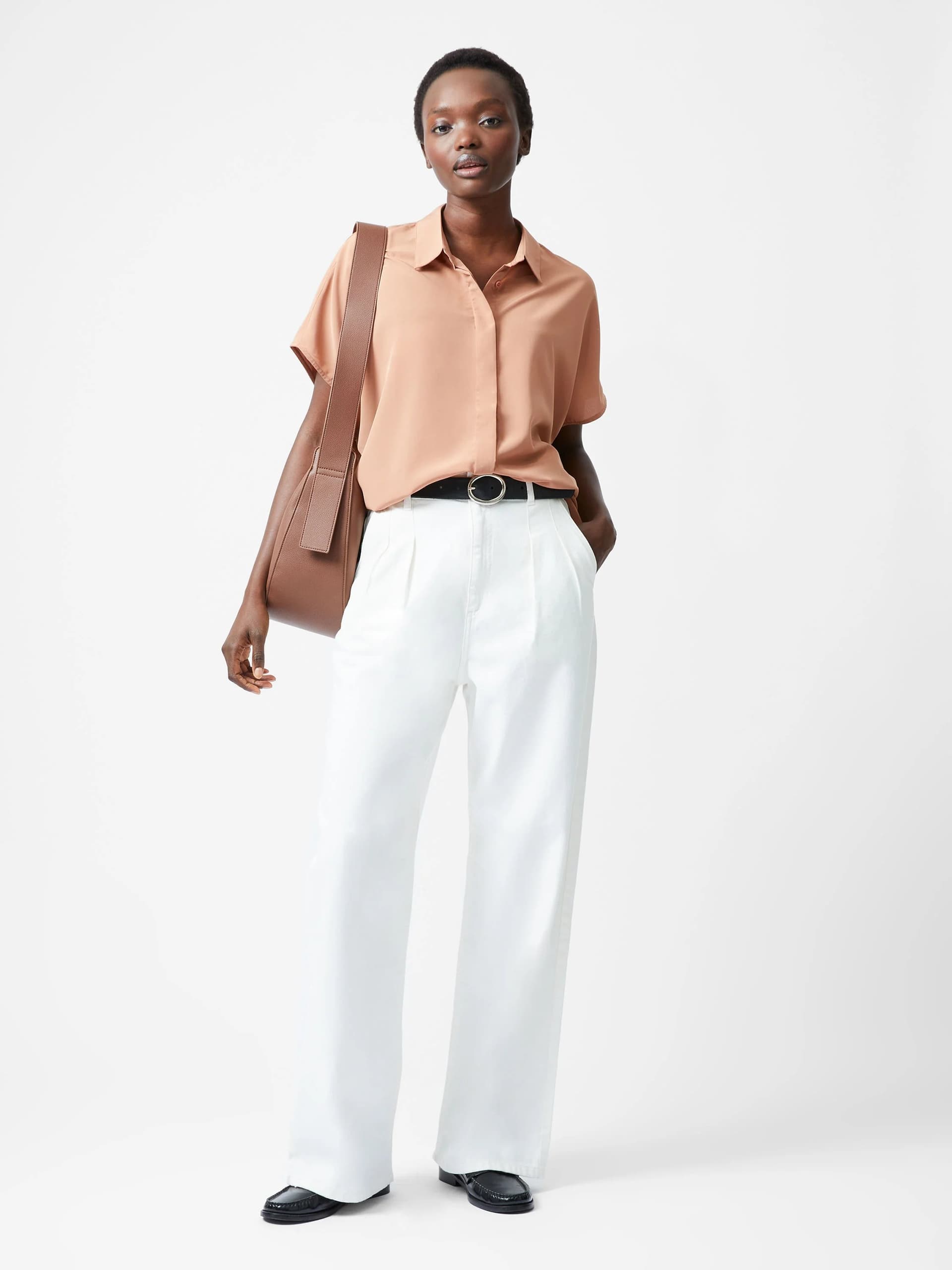 French Connection Caprina Recycled Crepe Short Sleeve Button Shirt Mocha Mousse