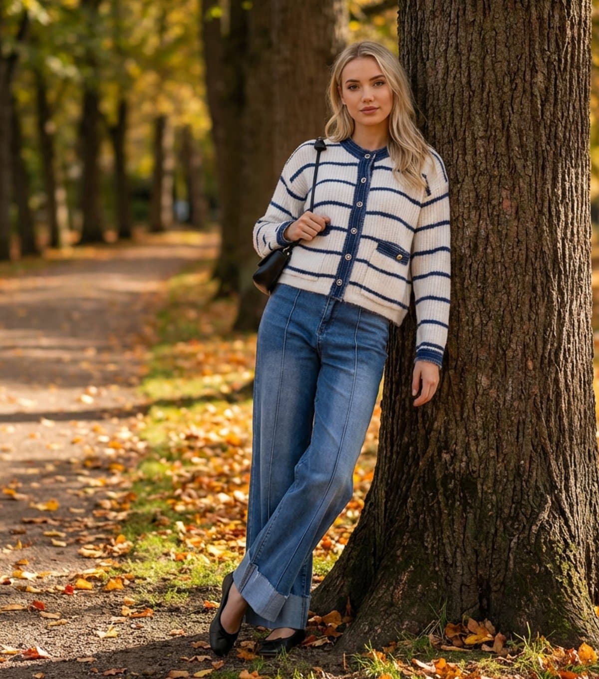 Blue Vanilla Women's Off White Striped Denim Trim Cardigan Blue Vanilla New Look