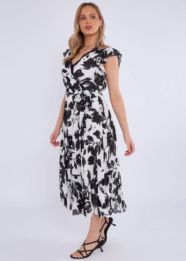 Gini London Gini London Women's Lace Trim Mono Pleated Wrap Midi Dress in Black - 3