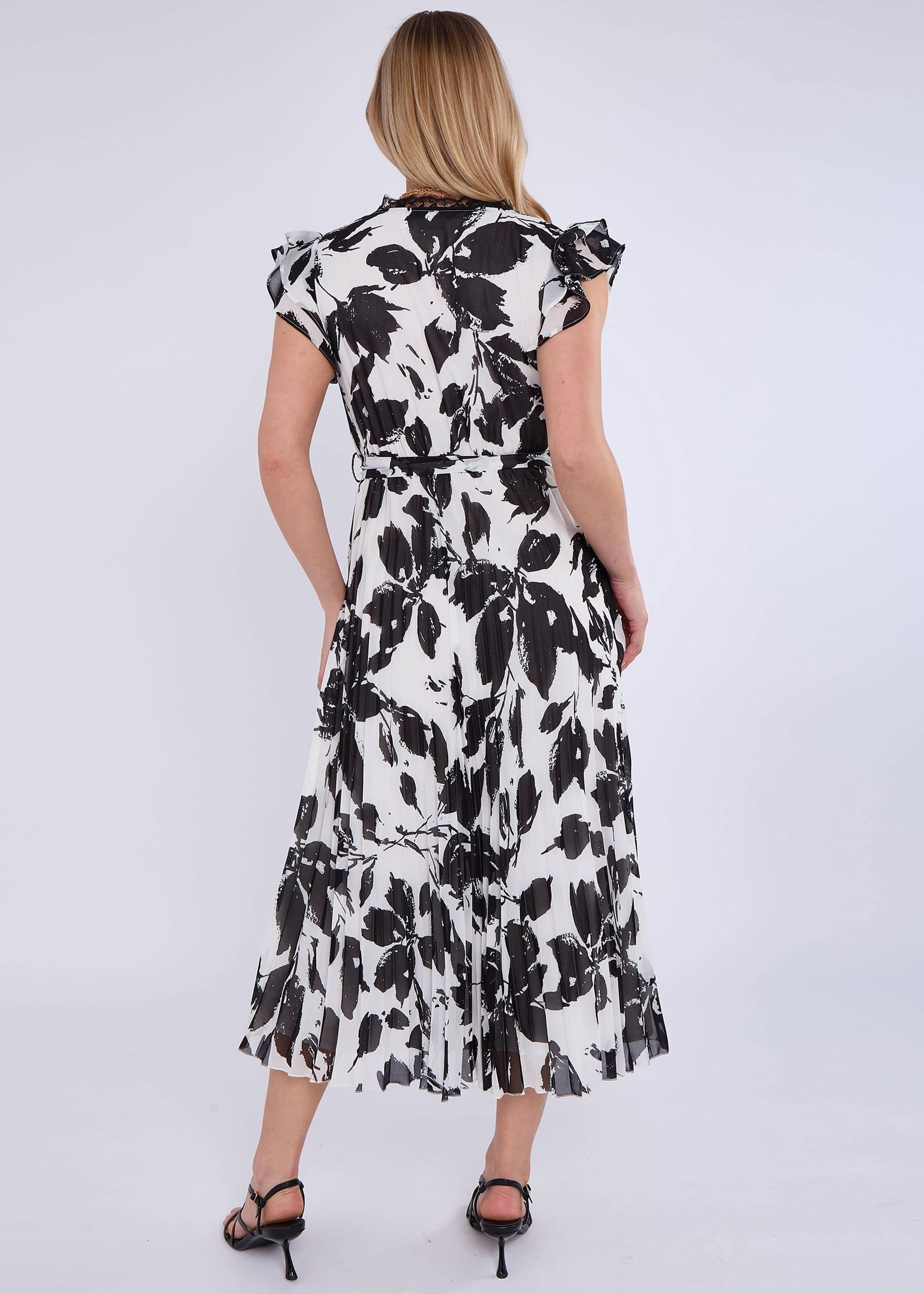 Gini London Gini London Women's Lace Trim Mono Pleated Wrap Midi Dress in Black - 4