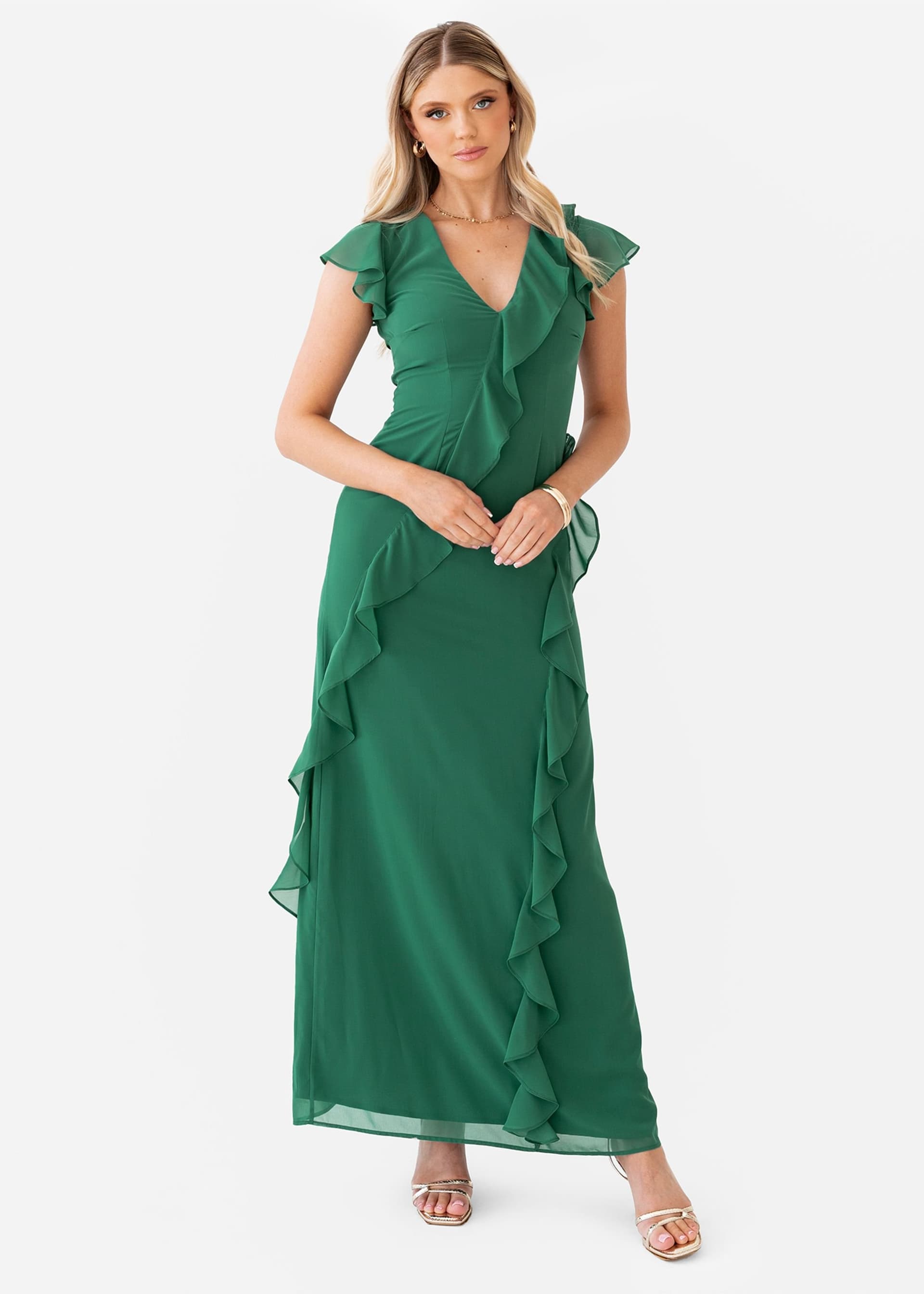 Anaya with Love Anaya with Love Women's Waterfall Ruffle Maxi Dress in Dark Green