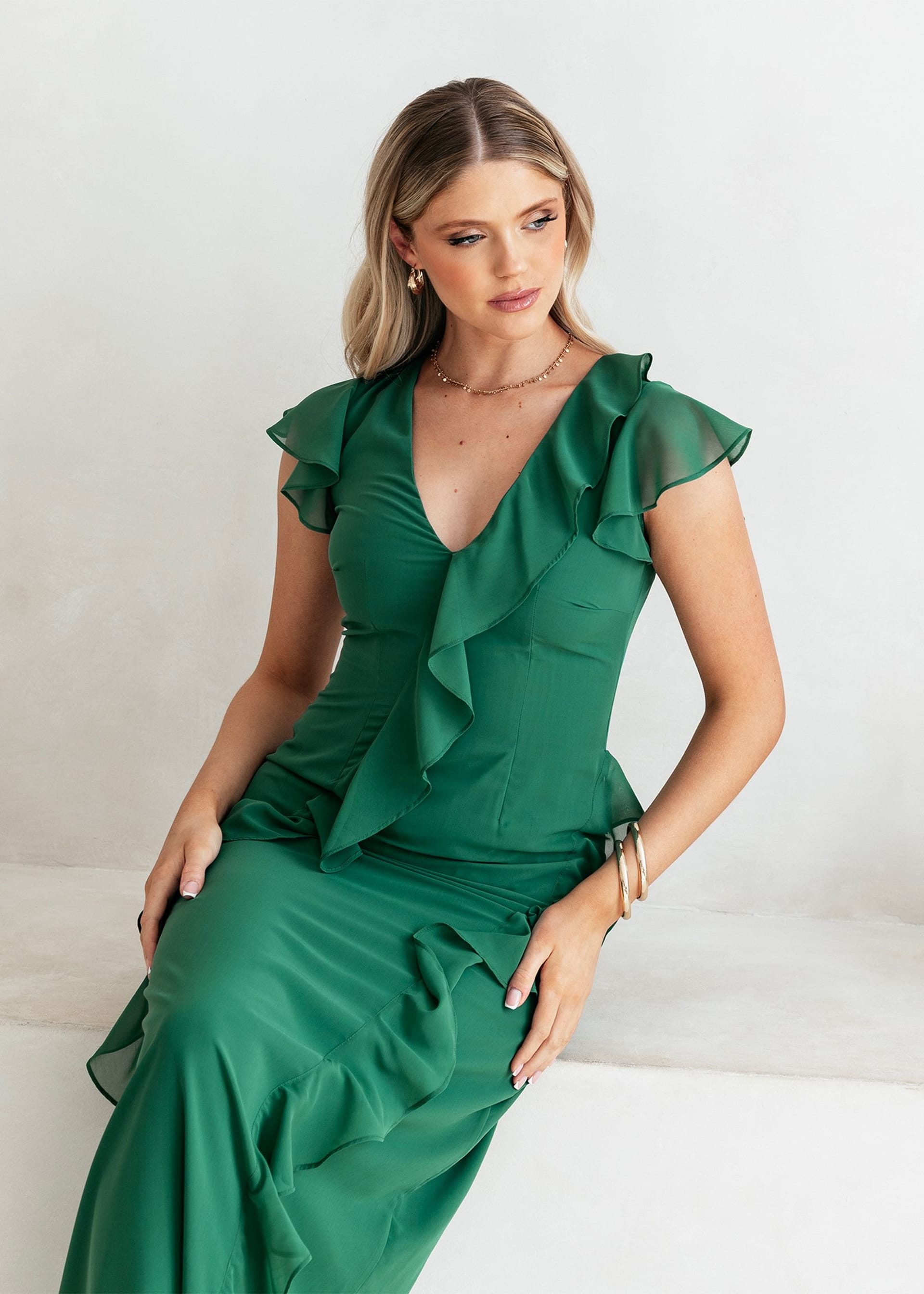 Anaya with Love Anaya with Love Women's Waterfall Ruffle Maxi Dress in Dark Green - 4