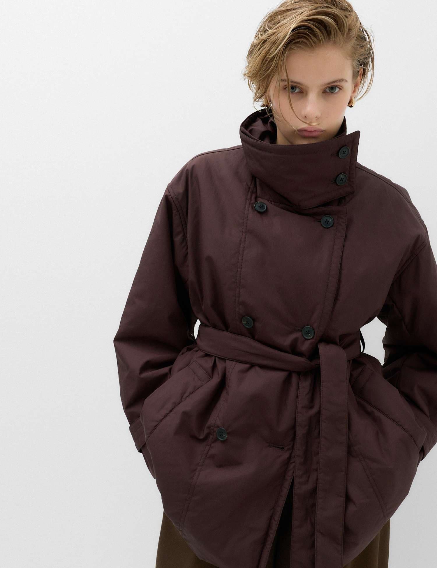 Marks & Spencer M&S Pure Cotton Thermowarmth Belted Funnel Neck Coat Chocolate