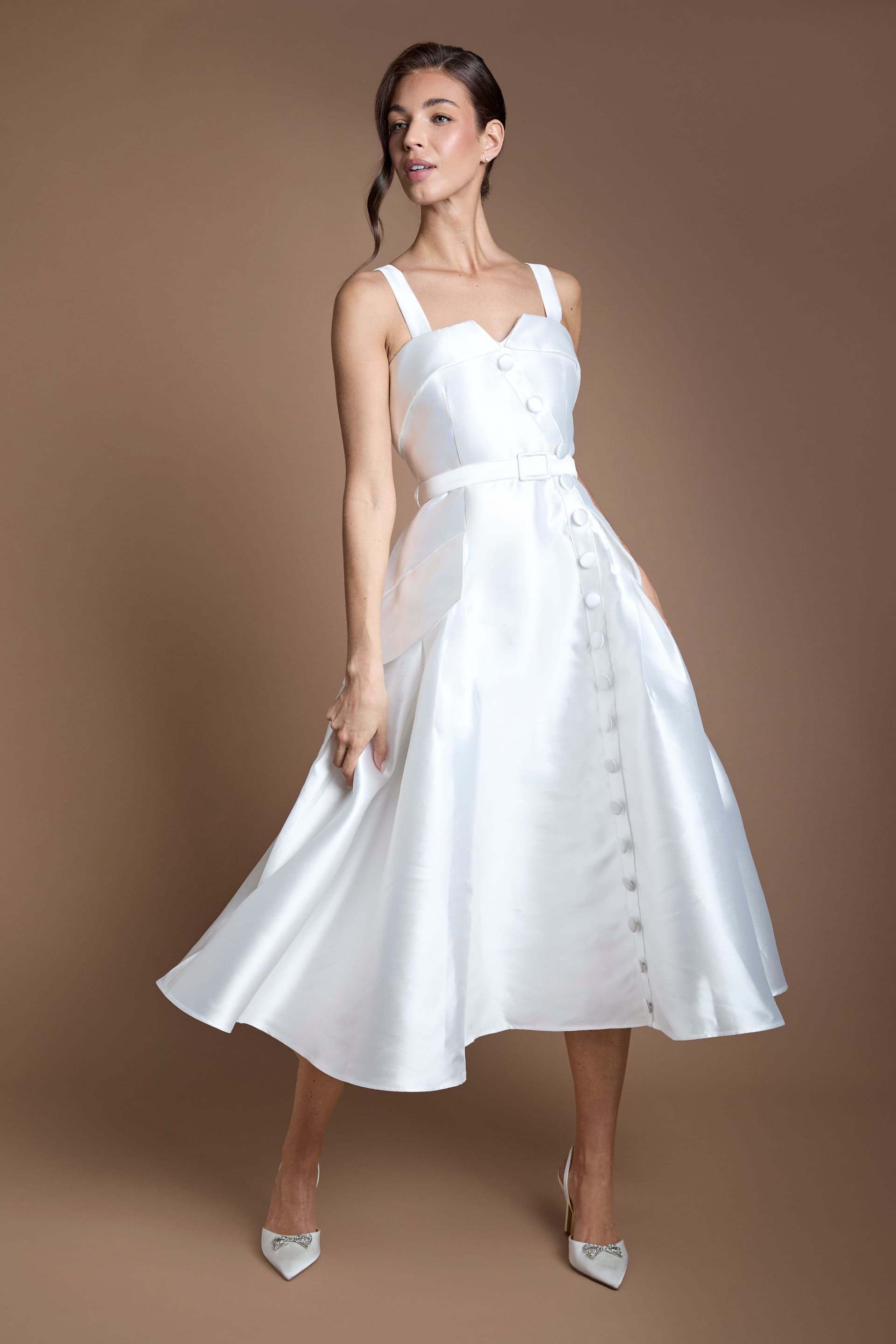 Coast Coast Women's Lisa Tan Twill Volume Belted Midi Wedding Dress in Ivory